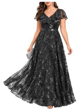 Plus Size Sequin V-Neck Ruffle Flutter Sleeve Formal Evening Gown Maxi Dress